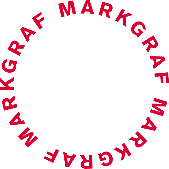 Kreisförmiger roter Schriftzug "MARKGRAF", der viermal wiederholt wird.